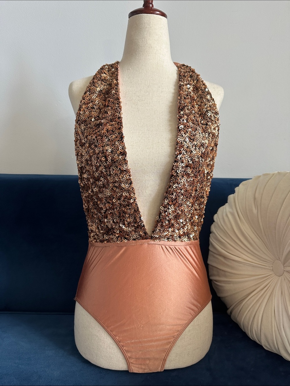 Sequin Halter One-Piece Bodysuit- Rose Gold
